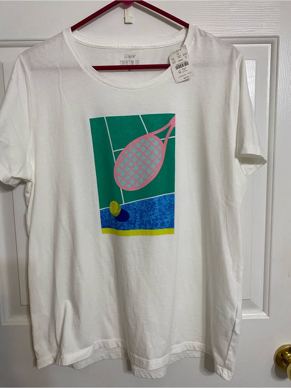 J. Crew White Short Sleeve Tee with Pink Tennis Racket Graphic Collectors